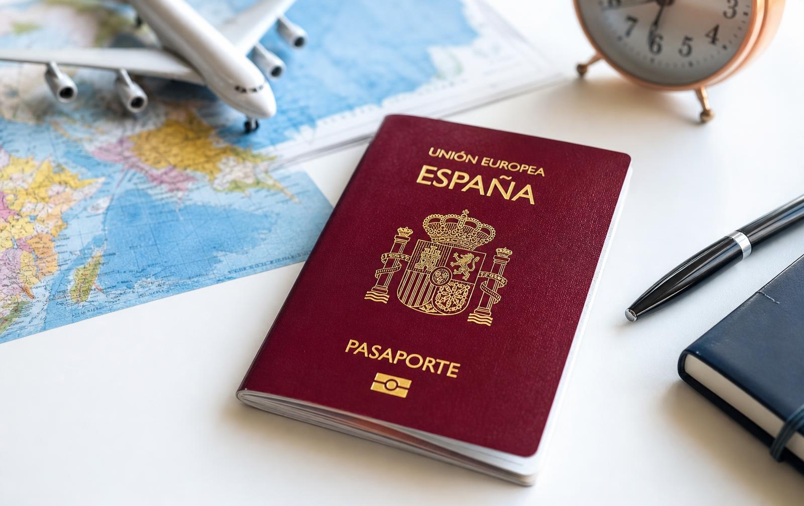 Pasaporte, mapa y avión sobre una mesa de despacho